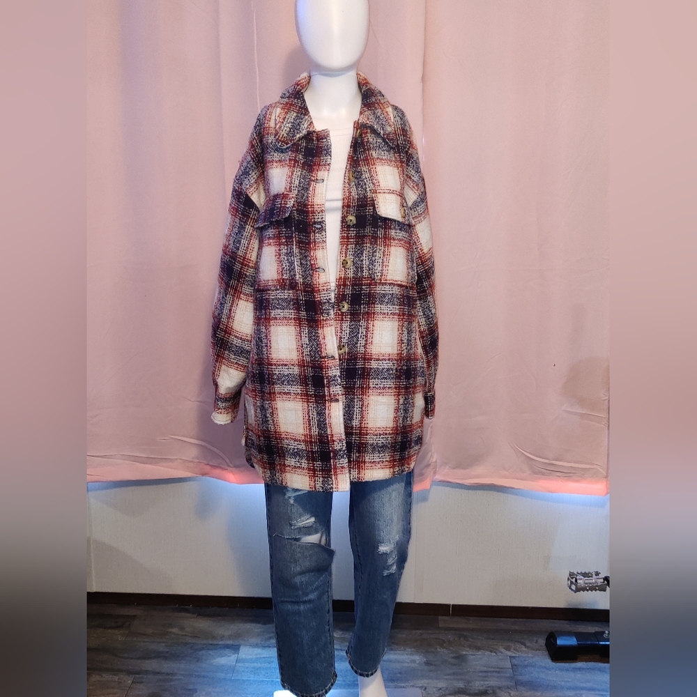 NWT- Plaid Woven Long Shacket